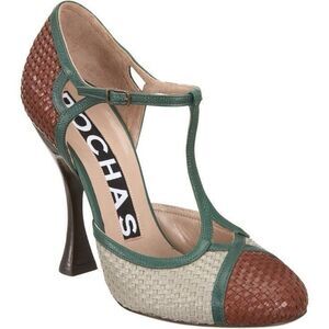 Designer T-Strap Leather Heels Women’s 8 / 38.5 – Italy, Woven, Rare